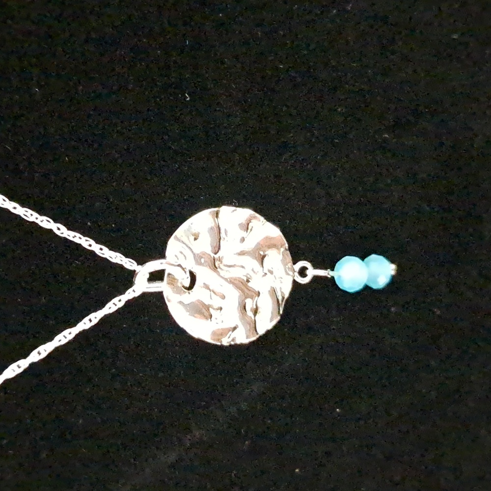 Sterling Silver Round Hammered and Dusty‎ Blue Bead Necklace